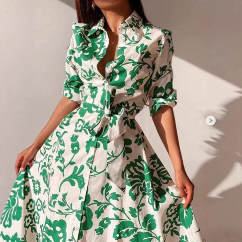 ZARA Autumn Printed Tie Waist Long Sleeve Shirt Dress